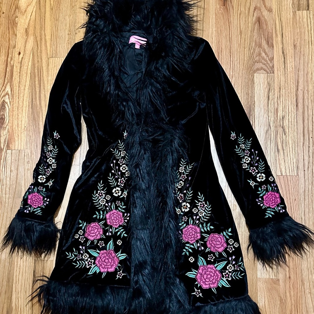 Black Velvet Coat with Pink Floral Embroidery